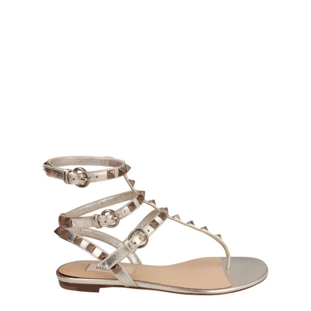 Valentino Rockstud Caged Flat Sandals Silver Womens
